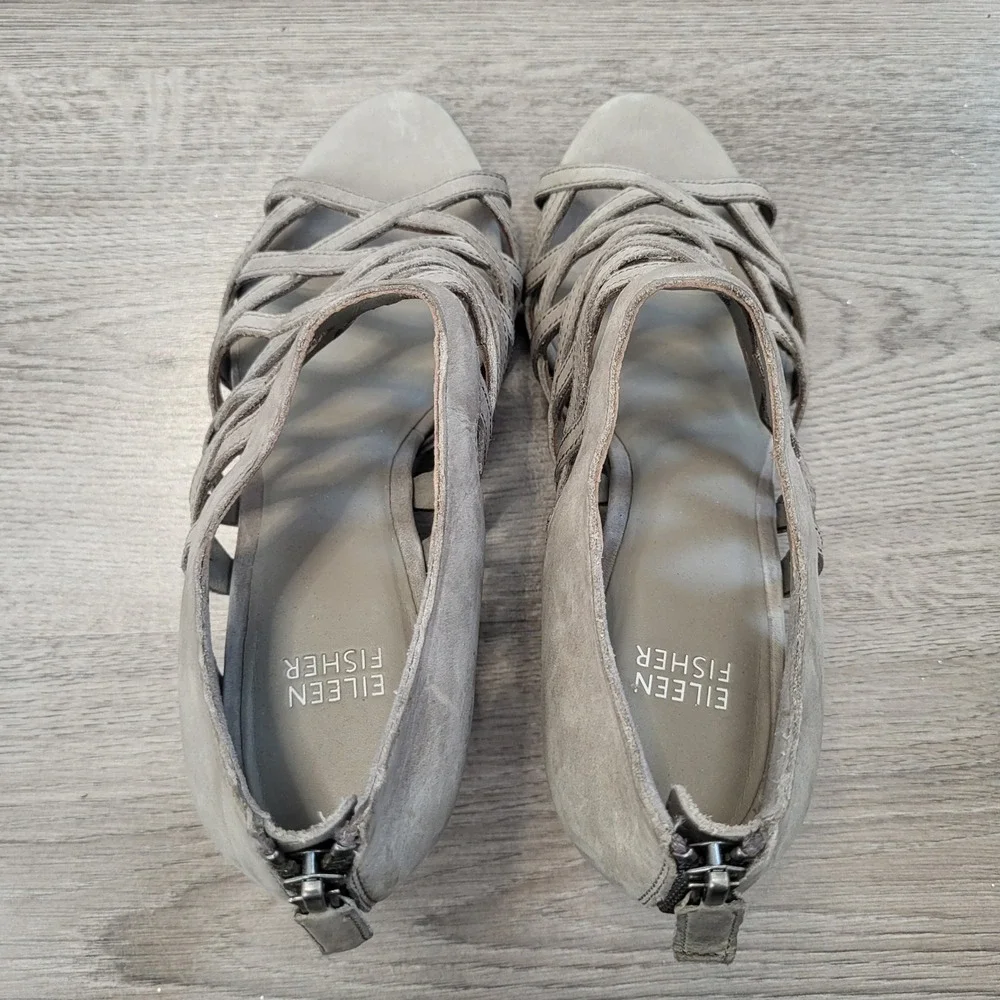 Eileen Fisher‎ Womens Gray Leather Caged Wedge Heel Sandals Back Zip Size 7